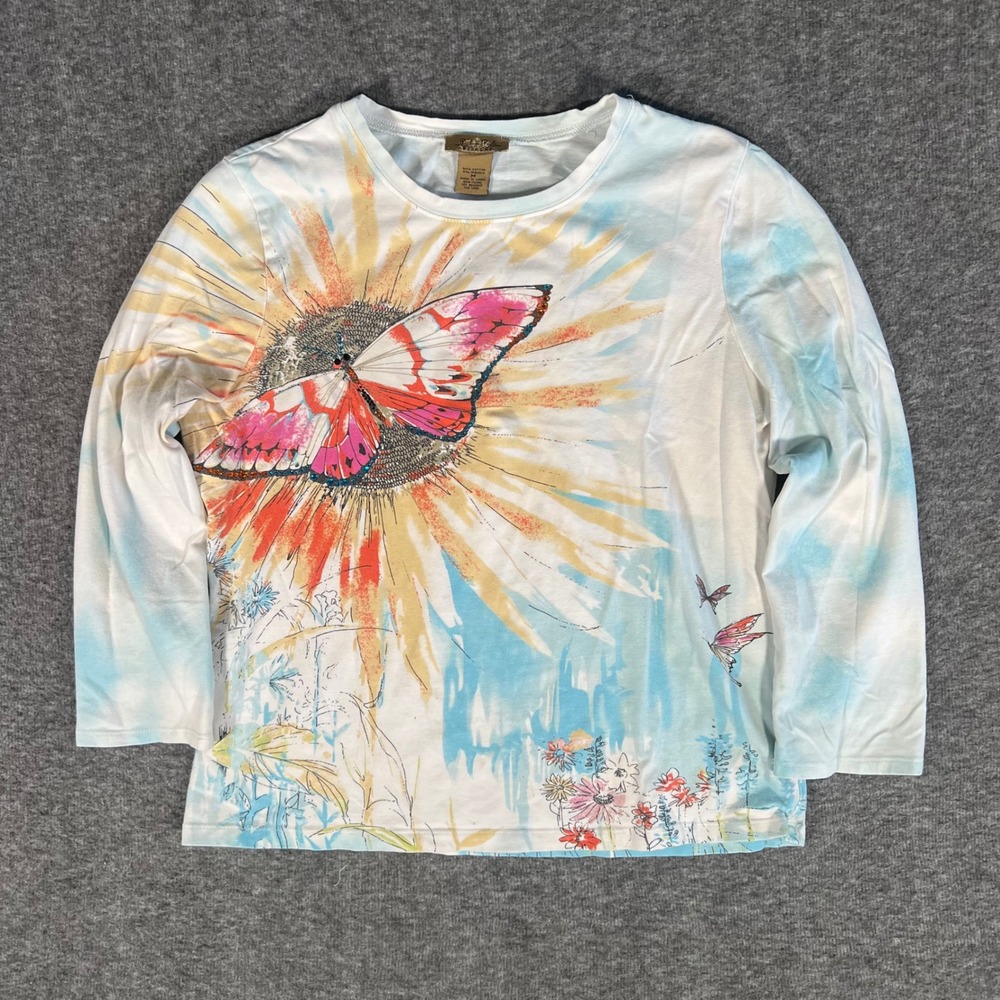 Peck & Peck Weekend Butterfly Sunflower Rhinestone Graphic Top Blue White M